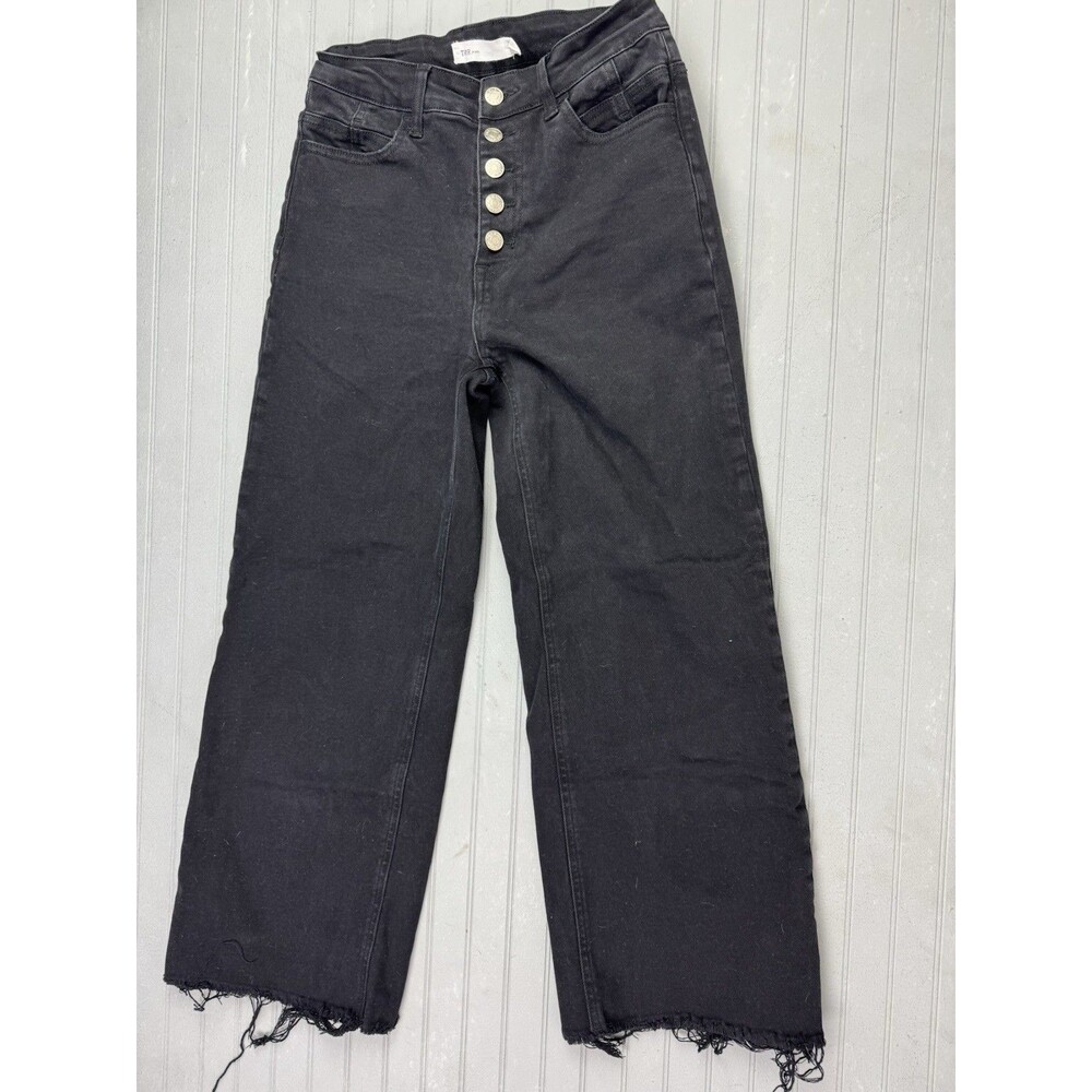 TNR Size 26 Womens Jeans Mid Rise Black Button Flt Crop Raw Hem Wide Leg